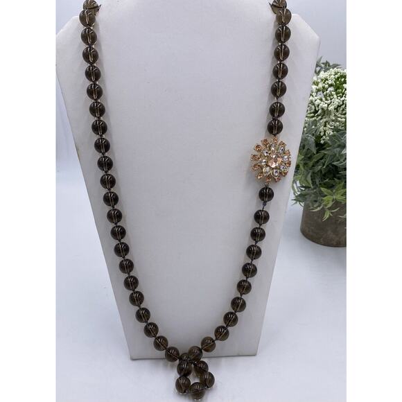 Hand Knotted Long Smoky Quartz Glass Beaded Rhinestone Flower Accent Necklace - Picture 9 of 11